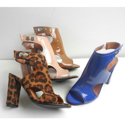 Patent Leather High Heels Sandals for Women Open Toe Block Heel Sandals Blue Leopard Nude Coffee Heeled Sandals Pop Plus Size