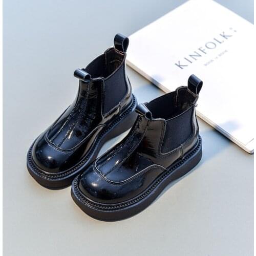 Girls Fashion Boots 2021 Autumn Kids Patent Black Short Chelsea Boots Children Boys Shoes Brand Soft Thick Sole Platform Black
