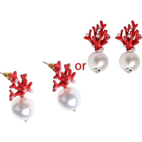 Women Acrylic Enamel Red Coral Resin Antlers Pearl Stud Earrings Fashion Jewelry
