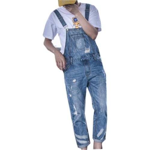 Harajuku Big Boy Slim Fit Hole Overalls One Piece Mens Ripped Cargo Jeans Retro Washed Denim Jumpsuits Pockets Hombre Trousers