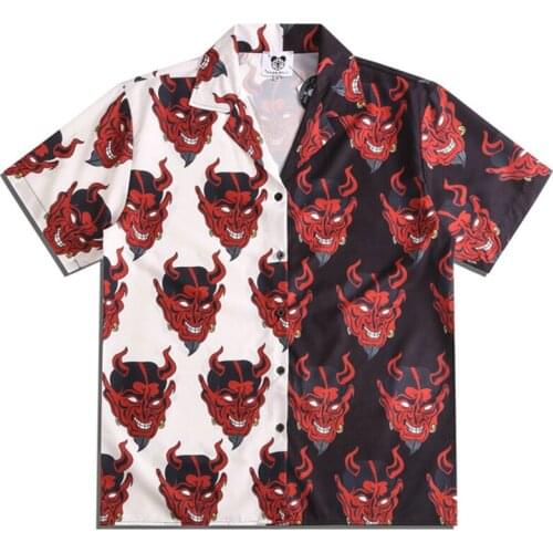 Hip Hop Summer Short Sleeve Devil Full Printed Patchwork Hawaiian Beach Japanese Korean Streetwear Fashion Shirts Men