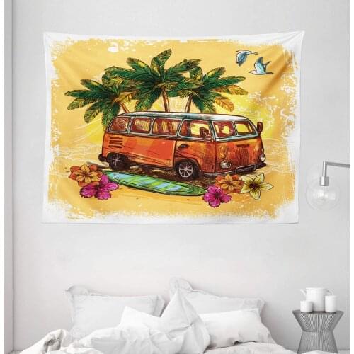 Surf Tapestry Hippie Classic Old Bus With Surfboard Freedom Holiday Exotic Life Sketchy Art Wall Hanging For Bedroom Living Room