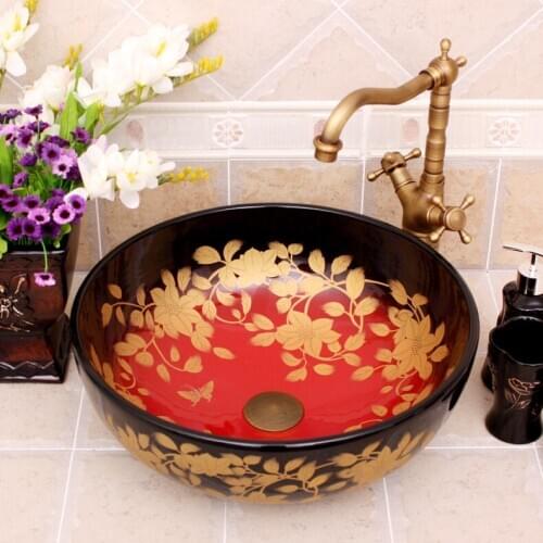 China Painting hibiscus Ceramic Painting Art Lavabo Bathroom Vessel Sinks Round counter top bathroom hand painted sinks