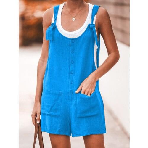 Summer Cotton Linen Women Jumpsuit Boho Sexy Button Pocket Short Romper Wide Leg Casual Loose Jumpsuit Overalls Female Playsuits