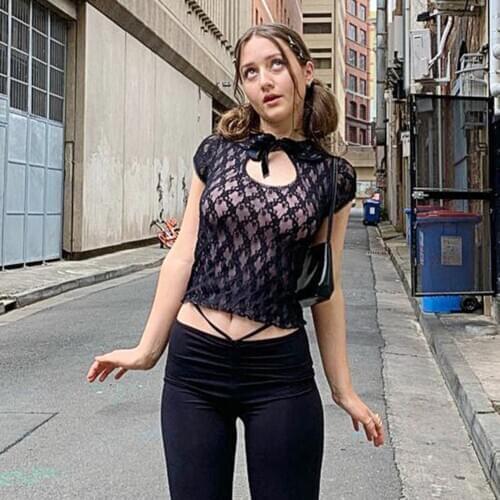 Gothic Y2k Indie Aesthetics Crop Top T Shirt Lace Bow Dark Academia Double Layer E Girl Clothes Short Sleeve Lace Up Streetwear