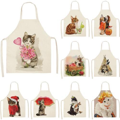 Cute Cat Kitchen Sleeveless Aprons For Women Cotton Linen Bibs Household Cleaning Pinafore Home Cooking Apron 53*65cm WQL0200