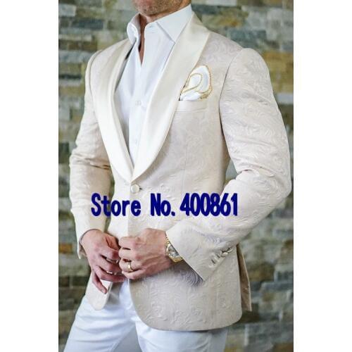 Fashionable One Button Ivory Paisley Groom Tuxedos Shawl Lapel Groomsmen Men Blazers Suits (Jacket+Pants+Tie) NO:356