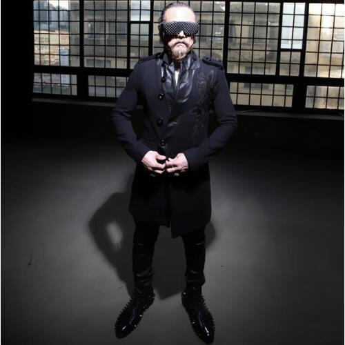 Hot Brand autumn and winter New Mens Slim wool woolen coats men long section Embroidery sequins Korean jackets tide Outerwear