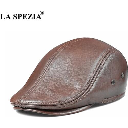 LA SPEZIA Brown Mens Beret Cowskin Leather Hats for Men British Retro Autumn Winter High Quality Male Brand Ivy Flat Cap