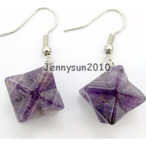 Natural Ame-thyst Gems Stone Merkaba Healing Reiki Chakra Pendant Silver Plated Hook Earrings Set 5 Pairs/Pack
