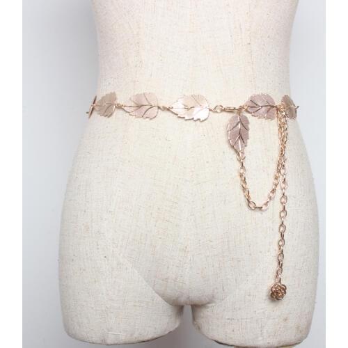 New Designer Gold Silver Metal Thin Skinny LeavesWaist Chain Belt Ladies Bohemian Coin Tassel Fringe Belts for Women Dress Cinto