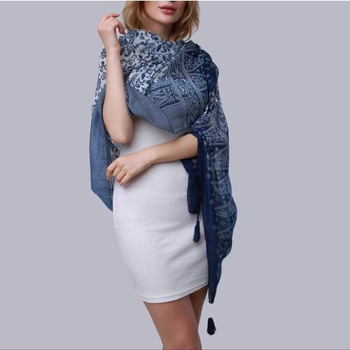 New Fashion Women Scarf Summer Blue White Porcelain Print Tassel Wraps Vaction Bufandas Mujer Female Pashmina Shawls 175*100cm