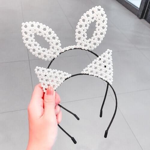Korean Rabbit Cat Ear Hairband For Women Girls Sweet Handmade Pearl Headhoop For Hair Accessories Cute Childrens Headdress Gift