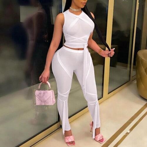 Two Piece Sexy See Through Top & Fashion High Waist Pants Set Women Slim Mesh 2pcs Fashion Bandage Night Out Club Party Suits