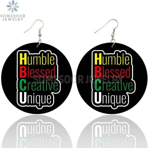 SOMESOOR Love HBCU Humble Blessed Creative Unique Wooden Drop Earrings Smart Black Sayings Printed Loops Dangle For Women Gifts
