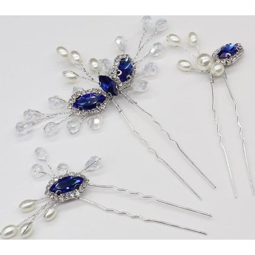 Romantic Blue Bridal Hair Pins Rhinestone Crystal Women Headpieces Prom Party Hair Jewelry Wedding Hair Accessory 3PCS Hair Clip