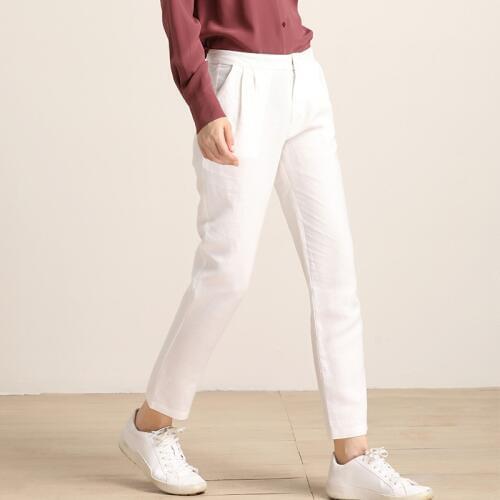 Silk Linen Autumn OL Office Lady Ankle Length Pant White Casual Pencil Trousers M L FREE SHIPPING