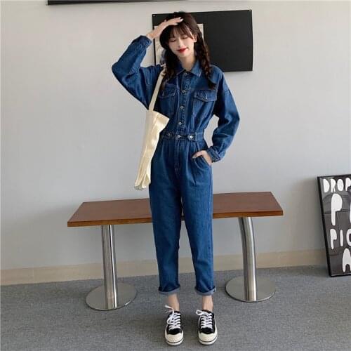 Streetwear Style Women Denim Overalls Pants 2021 Spring Autumn Long Sleeve Bodycon Jeans Romper Wide Leg Jumpsuits High Waist