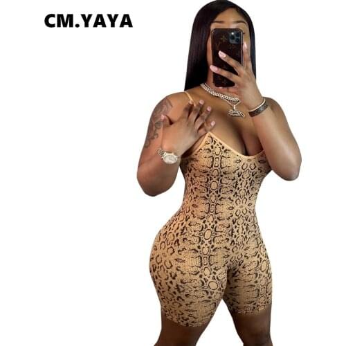 CM.YAYA Women Playsuit Print Sleeveless Spaghetti Strap V-neck Pullover Sheath Elastic Playsuits Women High Street Outftis 2021