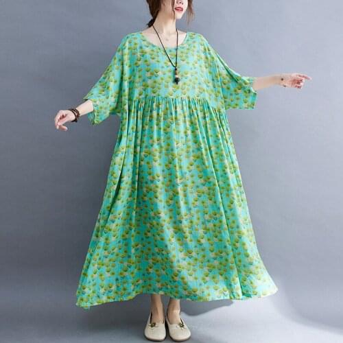 Johnature Women Cotton Dress O-Neck Short Sleeve Loose Vintage 2021 New Summer Sweet Style Casual Comfortable Soft Clothing