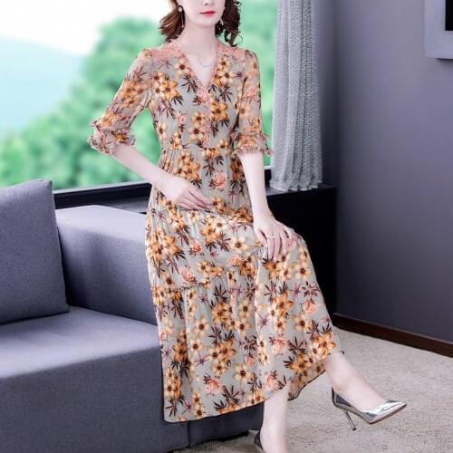 Women Elegant Floral Chiffon Beach Midi Dress 2021 Summer Vintage 3XL Plus Size Print Mulberry Silk Dress Bodycon Party Vestidos