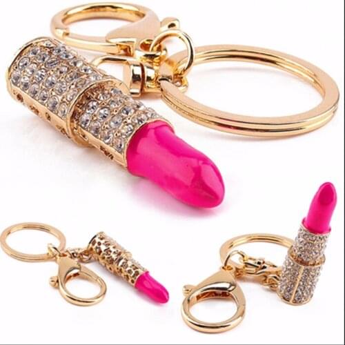 1Pc Crystal Rhinestone Lipstick Keyring Golden Charm Pendant Bag Purse Car Key Chain Gift car accessories