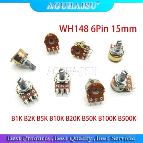 30pcs B1K B2K B5K B10K B20K B50K B100K B500K 15mm 6Pin Shaft WH148 Amplifier Dual Stereo Potentiometer