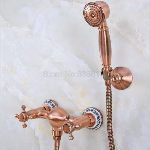 Antique Red Copper Wall Mounted Bathroom Bathtub Faucet Mixer Tap w/Hand Shower tna294