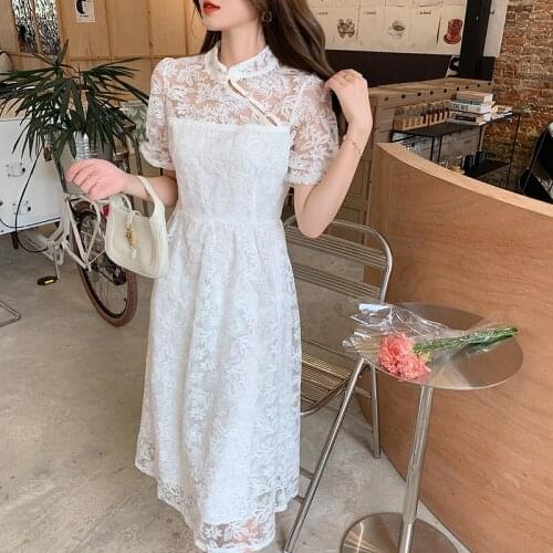 White Lace Cheongsam Dress Women Vintage Embroidery Korean Party Midi Dress Female Summer Wedding Party One-piece Dress Korean
