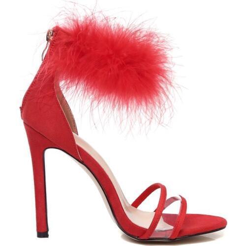 NEW Fashion Women Faux Fur Transparent PU Sandals Pump Slip On High Heels 11.5CM Sandals Lady Fluffy Sexy Shoes