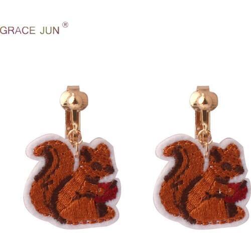 GRACE JUN Embroidered Little Squirrel Clip on Earring No Pierced for Women Student Party Prom Elegant Ear Clip Factory Wholesale