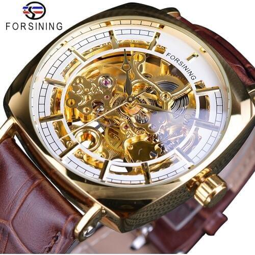 Forsining Golden Luxury Brown Leather Belt Mens Mechanical Skeleton Wrist Watch Top Brand Luxury Square Case Male Creative Clock