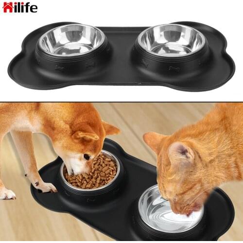 Double Dog Bowl Antislip Stainless Steel With Silicone Mat Durable Pet Feeding Bowl No Spill Drinking Water Food Feeder