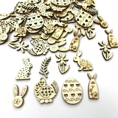 Hot Sale 50pcs Mix Shape Easter Wooden Wood Hanging Pendant Party Supplies Craft DIY Ornament Hanging Tag Happy Easter Decor