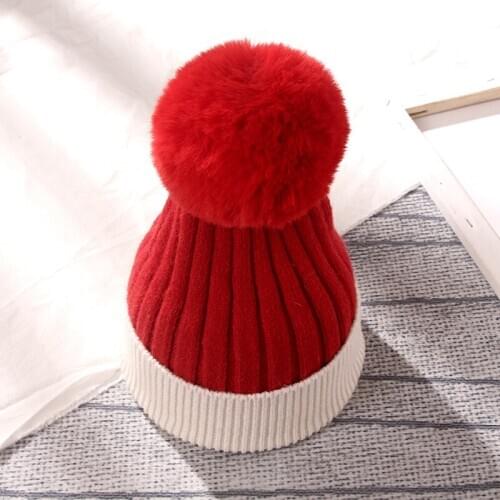 Hot Sale Autumn Winter Wool Woman Thickened Warm Cute Fur Ball Fashion Matching Color Outing Casual Skull Knitted Bonnets Hat