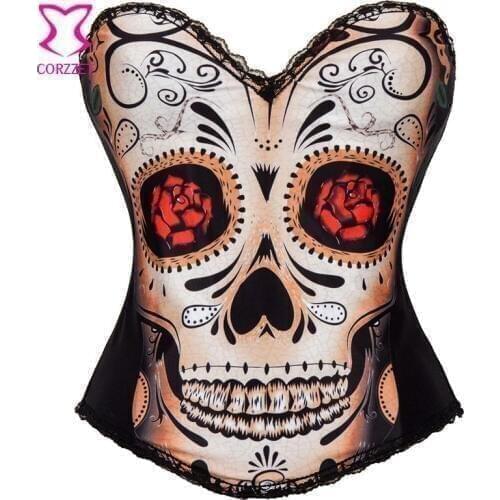 Gothic Corset Burlesque Floral and Skull Pattern With Straps Sexy Corsets And Bustiers Steampunk Korsett For Women Corselet