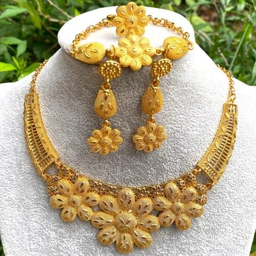 Indian Jewelry sets for women Dubai gold color Flower African wedding bridal wife gifts Necklace earrings Party jewellery set