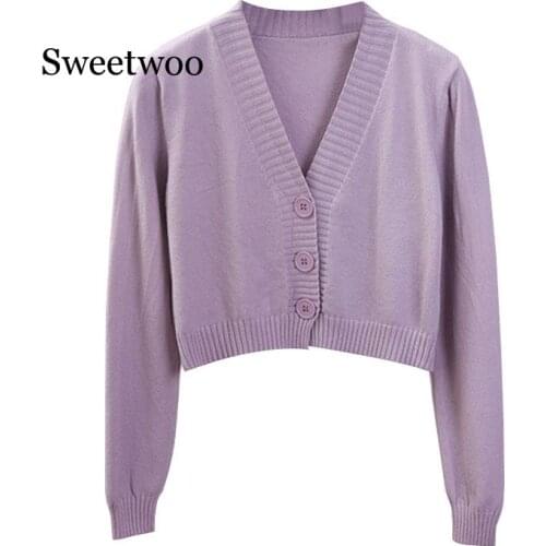 Womens Cropped Cardigan Sweaters Female Black White Short Sweater V Neck Single Breasted Sweater Woman Knitted Cardigan