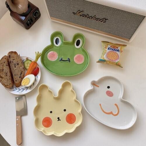 Ins Cartoon Dinner Plate Tableware 2021 New Frog Rabbit Duck Craft Kawaii Ceramic Cake Dessert Household Kitchen Dinnerware 17Cm