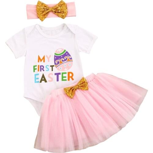 3 Pcs Newborn Easter Outfits Baby Clothes Letter Print Short Sleeve Round Neck Romper + Bowknot Yarn Skirt + Headband