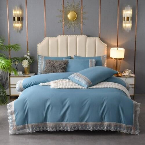 Four-piece set of pure cotton pure color brushed bed with lace and modern cotton noble bedding warm single double bed sheet