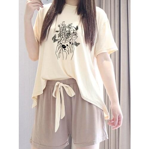 Summer Two Piece Set Butterfly Pajamas Suit Cotton Short Sleeve Viscose Trousers Thin Casual Tops Women Home Service Pajama