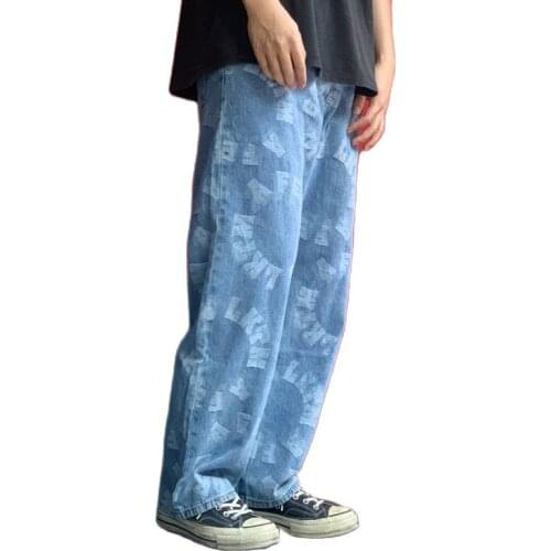 Mens youth street fashion brand embroidery English autumn casual loose washed straight denim trousers woman jeans