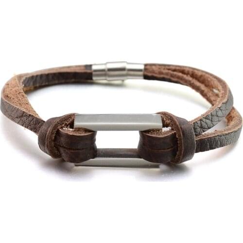 Mens Black Brown Full Grain Leather Wristband Bracelet with Stainless Steel Magnetic Clasp