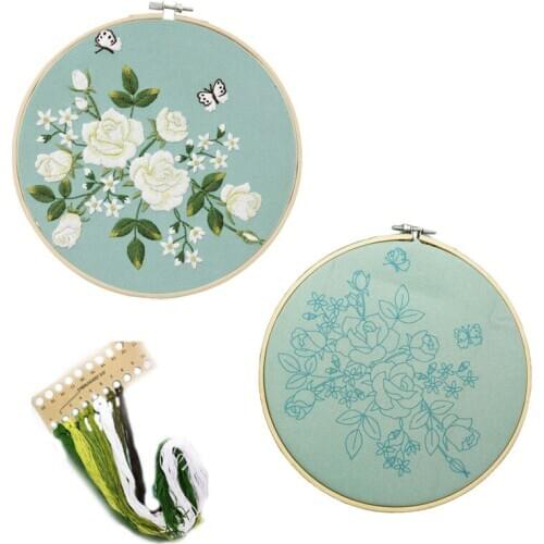 Chinese DIY Embroidery Kit Rose Pattern Printed Flower Cross Stitch Needlework Sewing Art Painting Embroidery Hoop Home Decor