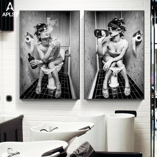 Toilet Poster Sexy Woman Canvas Prints Bar Girl Smoking and Drinking in Restroom Painting Picture Black & White Wall Art Decor