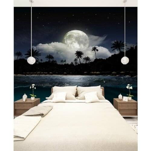 Custom Size 3D Photo Mural Wall Sticker Moon Night Beach Removable Wall Papers Self-adhesive Vinyl Art Home Decor
