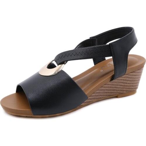 Women Sandals Solid Color Metal Decorative Wedge Heel Summer Ladies High Heels Casual Comfortable Large Size Female Shoes Mujer