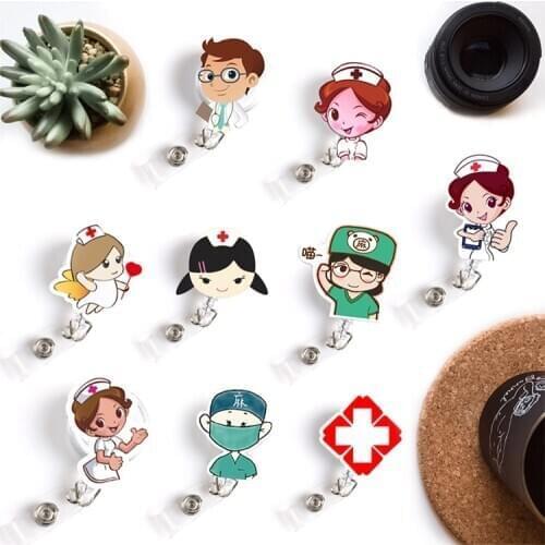 Wholesales 50pcs/lot Retractable Pull Badge Reels Nurse Doctors ID Lanyard Name Tag Card Cartoon Plastic Chest Badge Holder Reel
