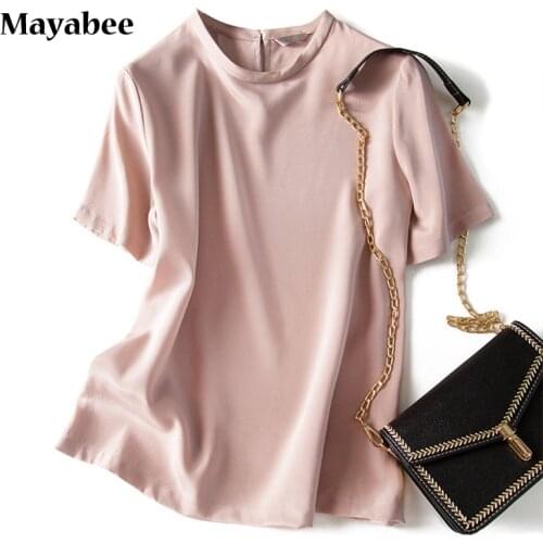 Heavy Silk Pink Round Neck Short T-Shirt Woman Blouse 2021 New Spring And Summer Dress
